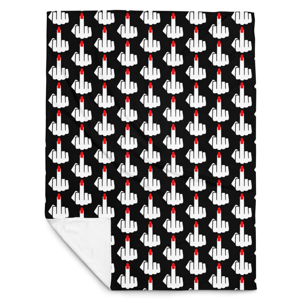 60x80 blanket with image of middle finger with long red fingernails silhouette printed all over. The blanket is black and the graphic is white and red.