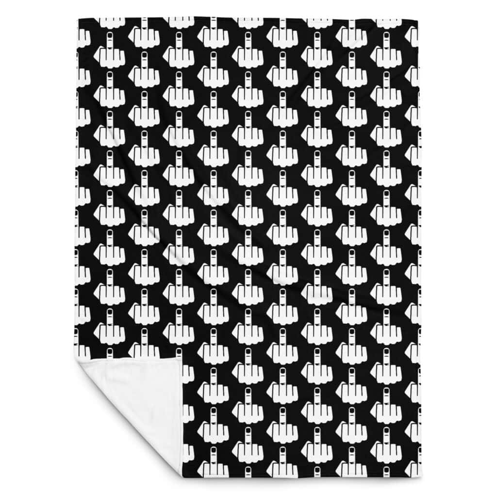 Throw blanket with image of middle finger silhouette printed all over. The blanket is black and the graphic is white.