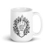 White ceramic mug with with a middle finger design on the front and the text 'I cunt be bothered to be less vulgar' printed on both sides.