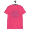 Heliconia pink t-shirt with the text 'The boobs are real, the smile is fake.' printed in pink on the front.