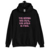 Black hoodie sweatshirt with the text 'The boobs are real, the smile is fake.' printed in pink on the front.
