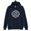Navy blue hoodie sweatshirt with the text "The clitoris is not a pacifier" printed on the front.