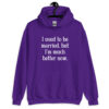 Purple hoodie sweatshirt with the text "I used to be married, but I'm much better now" printed on the front.