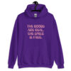 Purple hoodie sweatshirt with the text 'The boobs are real, the smile is fake.' printed in pink on the front.