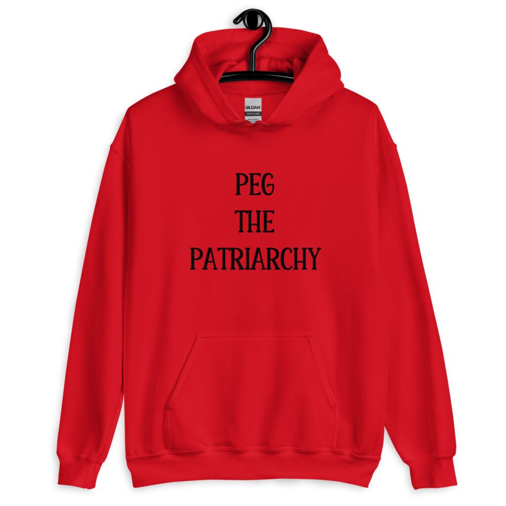 Red hoodie sweatshirt with the text 'PEG THE PATRIARCHY' printed on the front.