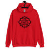 Red hoodie sweatshirt with the text "The clitoris is not a pacifier" printed on the front.