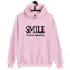 Light pink hoodie sweatshirt with the text 'SMILE if you're a good boy' printed on the front.
