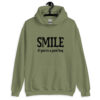 Military green hoodie sweatshirt with the text 'SMILE if you're a good boy' printed on the front.