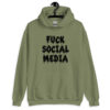Military green hoodie sweatshirt with the text 'Fuck social media' printed on the front in drippy graffiti style font.