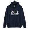 Navy blue hoodie sweatshirt with the text 'SMILE if you're a good boy' printed on the front.