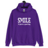 Purple hoodie sweatshirt with the text 'SMILE if you're a good boy' printed on the front.