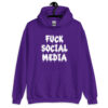 Purple hoodie sweatshirt with the text 'Fuck social media' printed on the front in drippy graffiti style font.