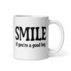 White ceramic mug with the text 'SMILE if you're a good boy' printed on both sides in black,
