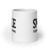 White ceramic mug with the text 'SMILE if you're a good boy' printed on both sides in black,