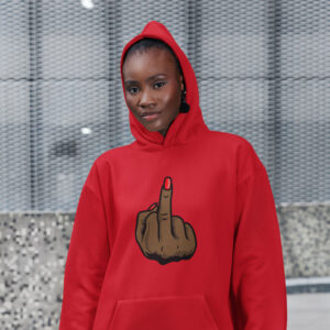 Smiling woman wearing a red hoodie sweatshirt with the hood on. The hoodie has a graphic of a brown hand showing the middle finger with the nail painted red printed on the front.