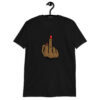 Black T‑shirt with a graphic of a brown hand showing the middle finger with red nail polish printed on the front.