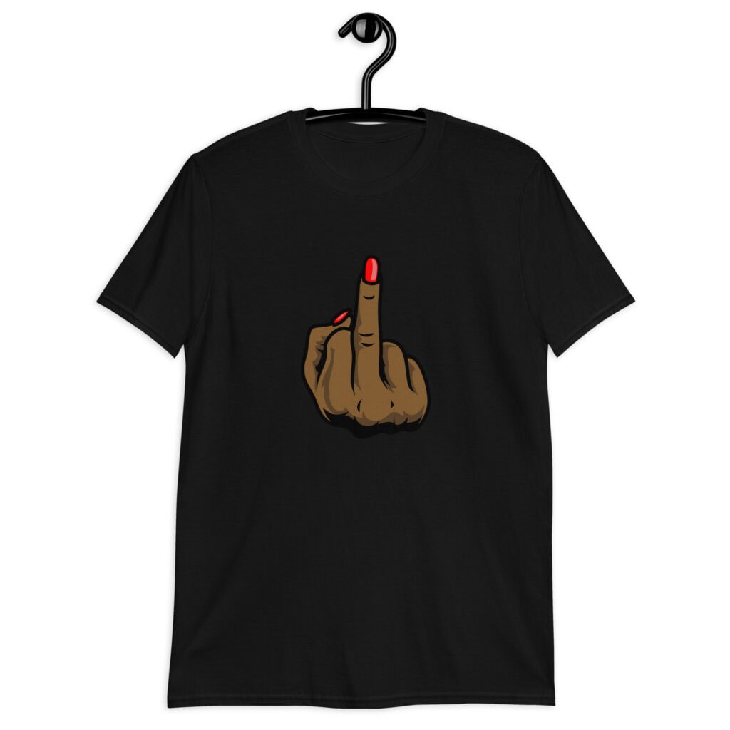 Black T‑shirt with a graphic of a brown hand showing the middle finger with red nail polish printed on the front.