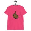 Heliconia pink T‑shirt with a graphic of a brown hand showing the middle finger with red nail polish printed on the front.