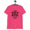 Heliconia pink t-shirt with the text 'I'd be topless, but my nipples are illegal' printed on the front. There is a ling drawing of breasts under the text.