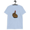 Light blue T‑shirt with a graphic of a brown hand showing the middle finger with red nail polish printed on the front.