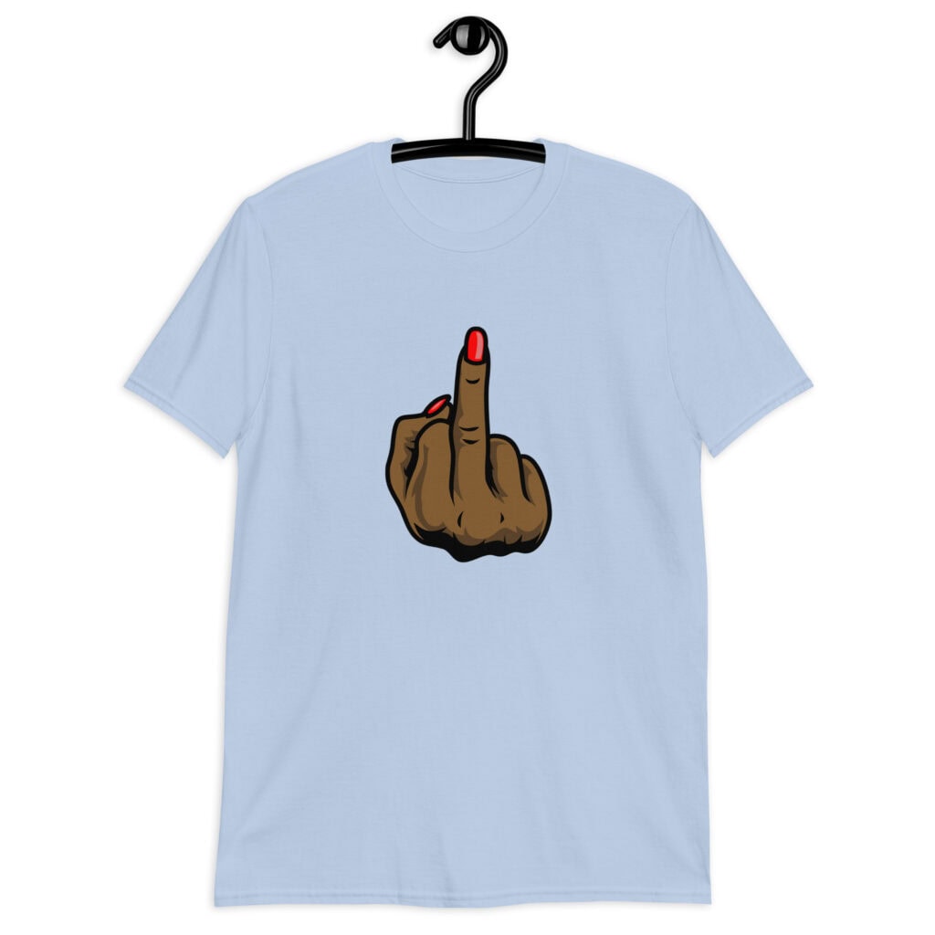 Light blue T‑shirt with a graphic of a brown hand showing the middle finger with red nail polish printed on the front.