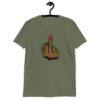 Military green T‑shirt with a graphic of a brown hand showing the middle finger with red nail polish printed on the front.
