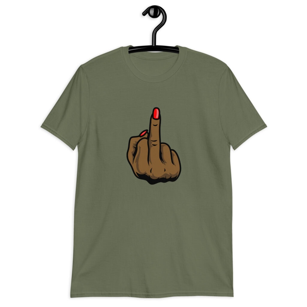 Military green T‑shirt with a graphic of a brown hand showing the middle finger with red nail polish printed on the front.