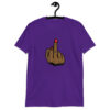 Purple T‑shirt with a graphic of a brown hand showing the middle finger with red nail polish printed on the front.