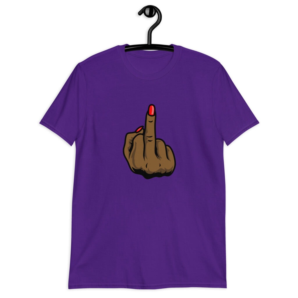 Purple T‑shirt with a graphic of a brown hand showing the middle finger with red nail polish printed on the front.