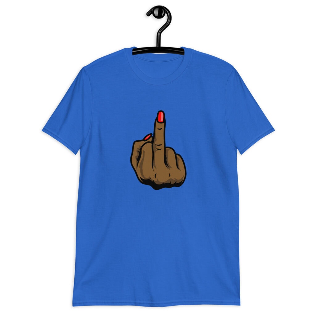 Royal blue T‑shirt with a graphic of a brown hand showing the middle finger with red nail polish printed on the front.