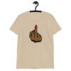 Sand color T‑shirt with a graphic of a brown hand showing the middle finger with red nail polish printed on the front.
