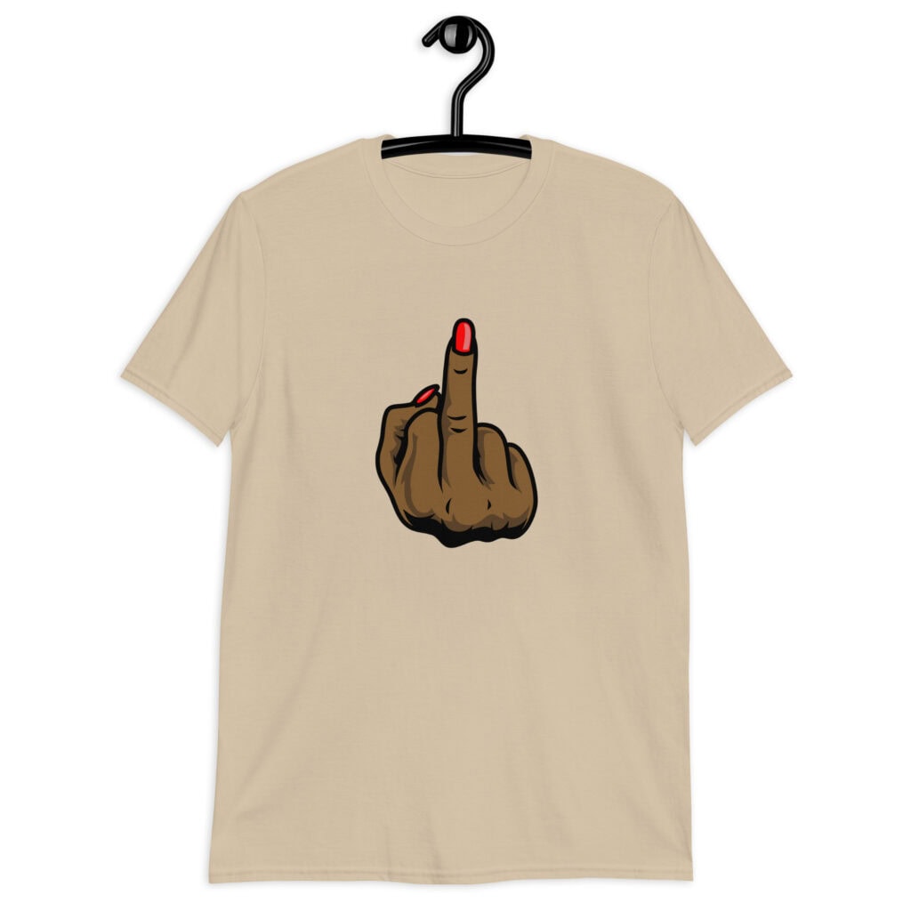 Sand color T‑shirt with a graphic of a brown hand showing the middle finger with red nail polish printed on the front.