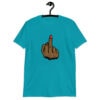 Tropical blue T‑shirt with a graphic of a brown hand showing the middle finger with red nail polish printed on the front.