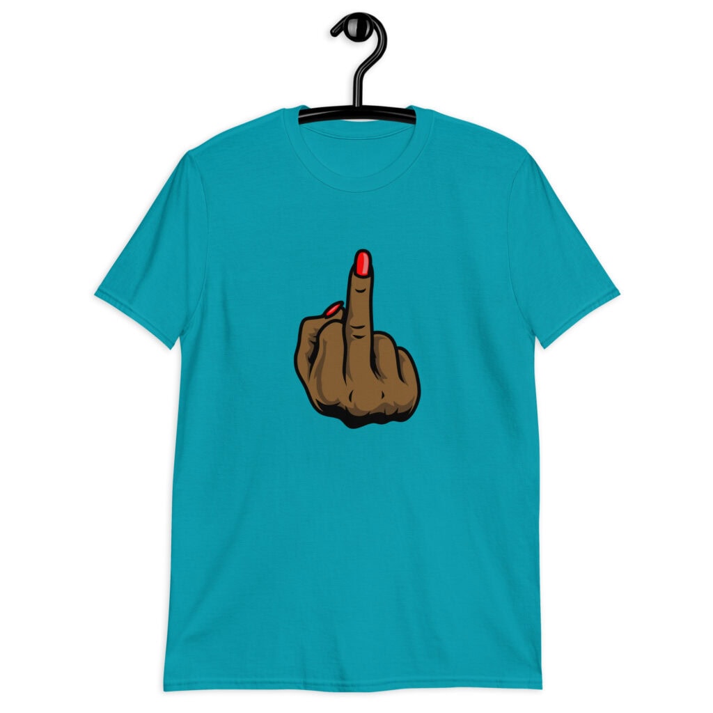 Tropical blue T‑shirt with a graphic of a brown hand showing the middle finger with red nail polish printed on the front.
