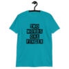 Tropical blue t-shirt with the text 'TWO WORDS ONE FINGER' printed in stencil font on the front.