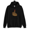 Black hoodie sweatshirt with a graphic of a brown hand showing the middle finger with red nail polish printed on the front.