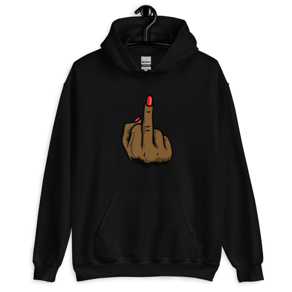 Black hoodie sweatshirt with a graphic of a brown hand showing the middle finger with red nail polish printed on the front.