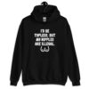 Black hoodie sweatshirt with the text 'I'd be topless, but my nipples are illegal' printed on the front. There is a ling drawing of breasts under the text.