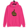 Heliconia pink hoodie sweatshirt with a graphic of a brown hand showing the middle finger with red nail polish printed on the front.