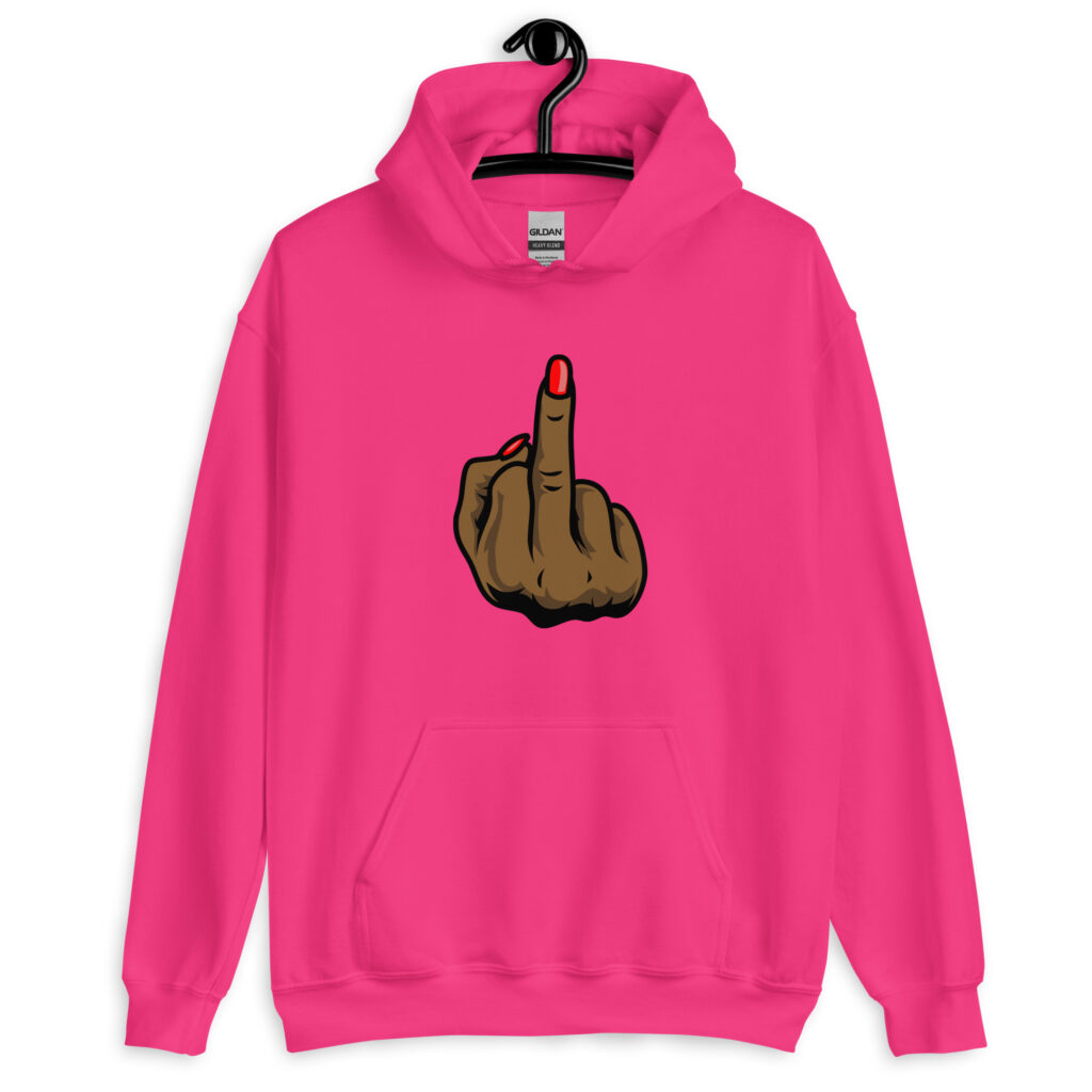 Heliconia pink hoodie sweatshirt with a graphic of a brown hand showing the middle finger with red nail polish printed on the front.