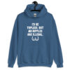 Indigo blue hoodie sweatshirt with the text 'I'd be topless, but my nipples are illegal' printed on the front. There is a ling drawing of breasts under the text.