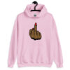 Light pink hoodie sweatshirt with a graphic of a brown hand showing the middle finger with red nail polish printed on the front.