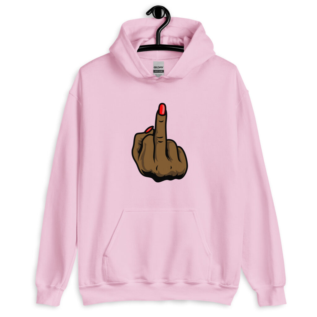 Light pink hoodie sweatshirt with a graphic of a brown hand showing the middle finger with red nail polish printed on the front.