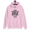 Light pink hoodie sweatshirt with the text 'I'd be topless, but my nipples are illegal' printed on the front. There is a ling drawing of breasts under the text.