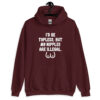 Maroon hoodie sweatshirt with the text 'I'd be topless, but my nipples are illegal' printed on the front. There is a ling drawing of breasts under the text.