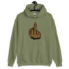 Military green hoodie sweatshirt with a graphic of a brown hand showing the middle finger with red nail polish printed on the front.