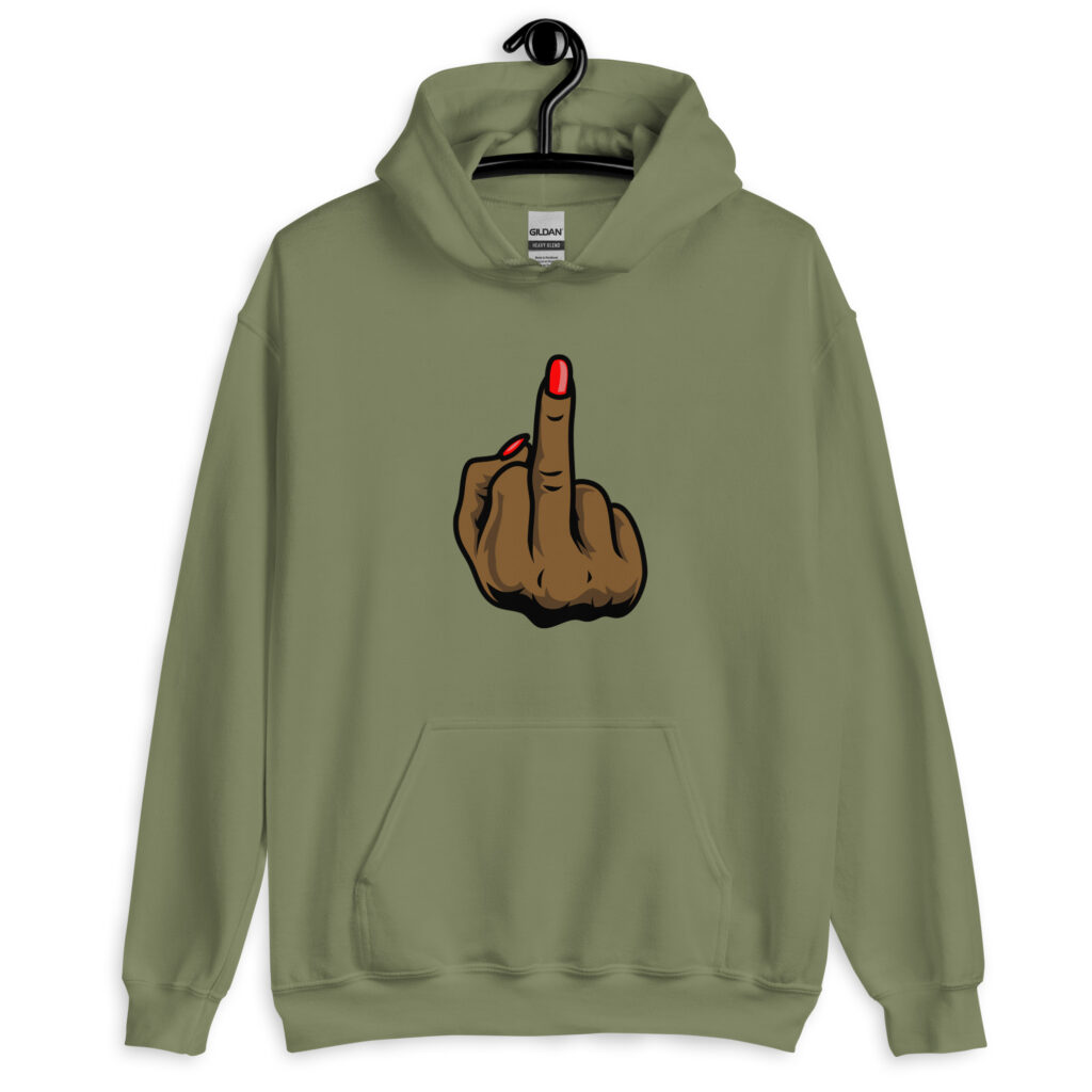 Military green hoodie sweatshirt with a graphic of a brown hand showing the middle finger with red nail polish printed on the front.