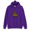 Purple hoodie sweatshirt with a graphic of a brown hand showing the middle finger with red nail polish printed on the front.