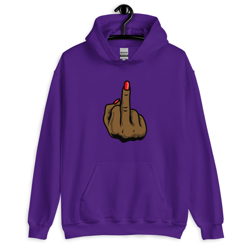 Purple hoodie sweatshirt with a graphic of a brown hand showing the middle finger with red nail polish printed on the front.