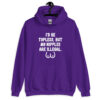 Purple hoodie sweatshirt with the text 'I'd be topless, but my nipples are illegal' printed on the front. There is a ling drawing of breasts under the text.